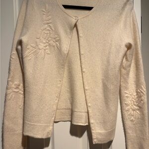 Garnet Hill Cream Floral Embroidered Cashmere Cardigan